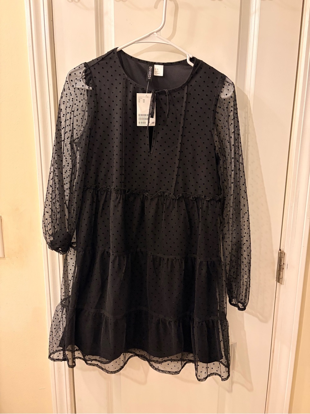 Women’s H&M Black Polka Dot Tiered Dress with Sheer Sleeves